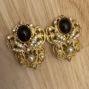 1928 Gold Toned and Black Ornate Earrings
